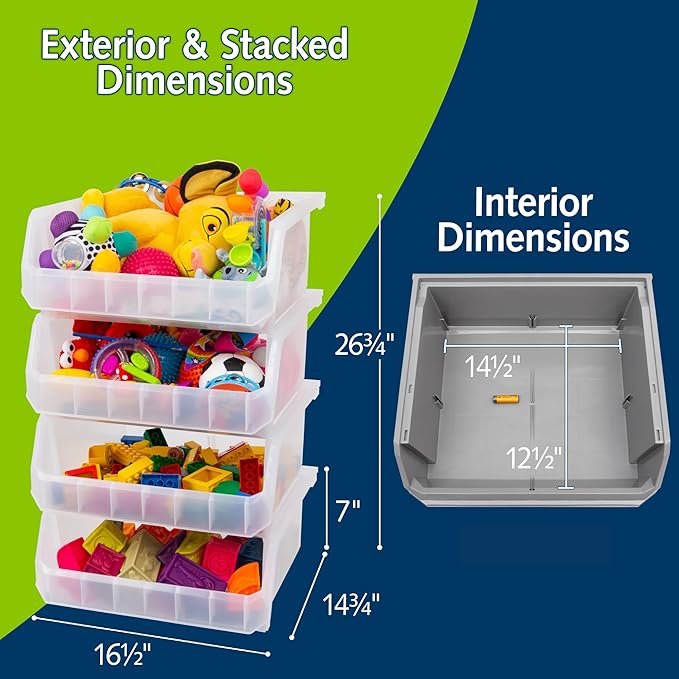Extra Large Plastic Storage Bins, Stackable Organizer Containers for Closet Pantry Shelf Garage and Office Organization, Clear, 4 Pack