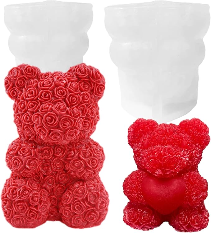 2-Pack 3D Rose Bear Candle Molds, Valentine's Day Silicone Molds, DIY Paint Your Own Heart Bear or Rose Bear Candle, Home Gifts Making Wax Ceramic Clay Mother’s Day Gift Birthday Gift