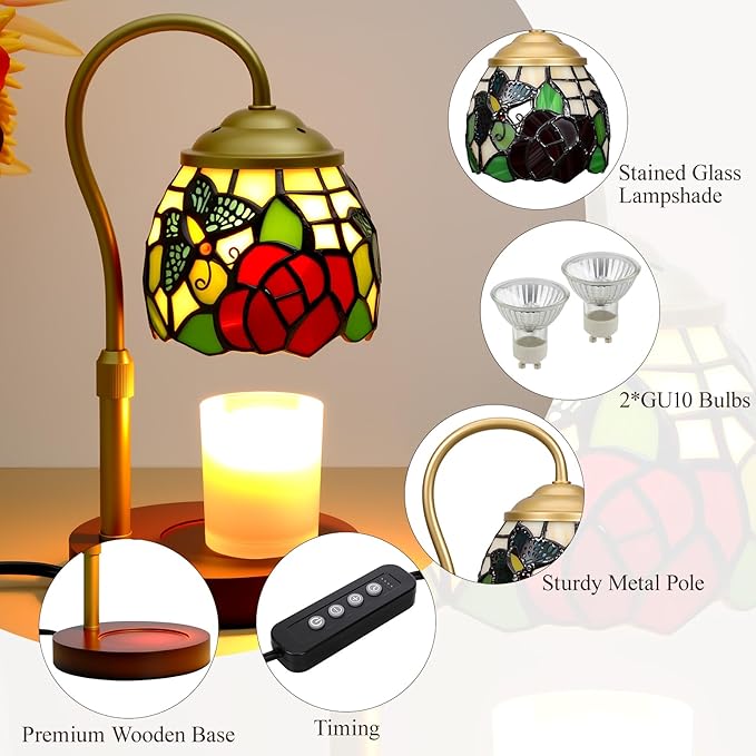 Candle Warmer Lamp with Timer Dimmer, Butterfly Tiffany Style Stained Glass Candle Lamp Warmer, Adjustable Wax Melt Warmer with 2 Bulbs for Small Jar Candles Valentine Birthday Gifts for Women