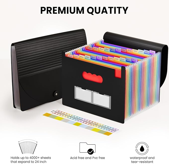 Sooez 24 Pockets Expanding File Folder with Blank Labels, According File Organizer with Expandable Cover, Desktop Accordion Folders Letter A4 Paper Document Storage Organizer, Black