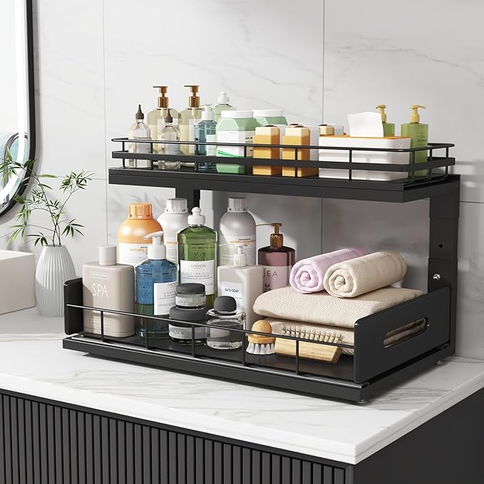 Under Sink Organizer Upgrade To Professional Rails,2-Tier Dual Pull Out Cabinet Storage,Height Adjustable Slide Out Drawers For Bathroom Kitchen,1 Pack-18.5"Dx12.8"-16.9"H,Black