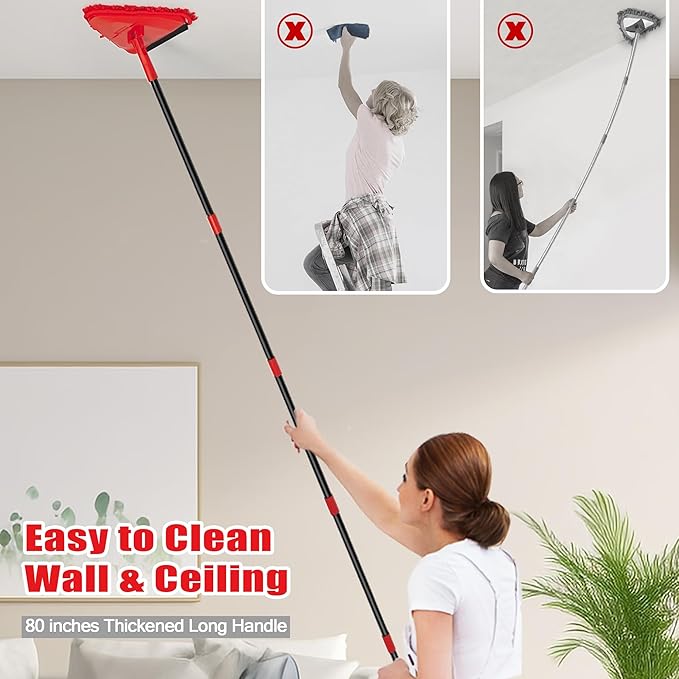 NEWE Wall Mop Cleaner, 80 inches Long Handle, 180° Folding Ceiling Cleaning Tool with Squeegee for Washing Painted Walls, Triangle Baseboard Scrubber with 3 Chenille Duster and 3 Microfiber Pads (Red)