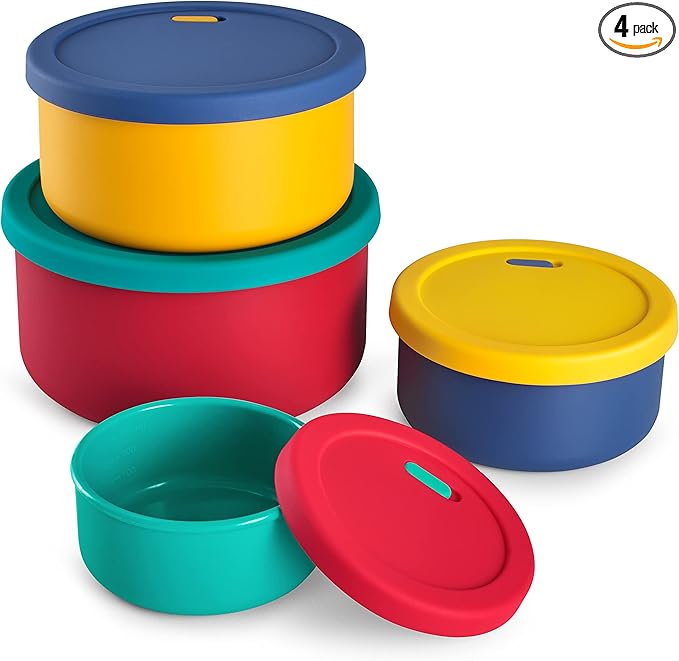 KSENDALO Silicone Food Storage Containers with Lids 4-Piece Set, Airtight Food Storage Containers 400mL-2.1L Stackable Bento Boxes for Meal Prep, Fruit & Food Storage Bowls, Multicolor