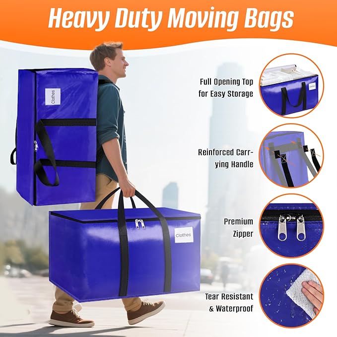 FabSpace 8-Pack Moving Bags with Backpack Straps & Carry Handles, 30 Gallons-125 L Heavy Duty Storage Totes for Space Saving, Foldable Storage Bags for College Dorm, Travel, Camping (Blue)