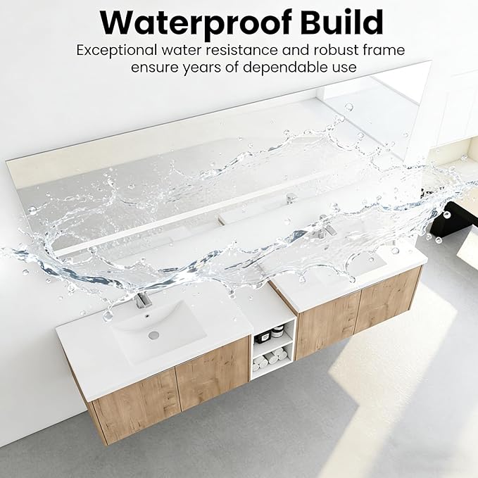 70IN Bathroom Vanity with Double Sink, Modern Solid Wood Floating Bathroom Sink Cabinet, Anti-Fog Mirror, Smart Storage Solutions, Waterproof Design, Open Shelving for Easy Access