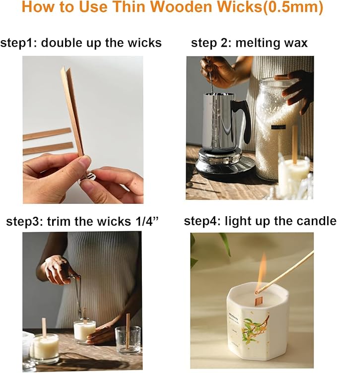50pcs Natural Wooden Candle Wicks Kit - 5.1 X 0.5 Inch, Crackling Wicks with Stand for DIY Candle Making Craft