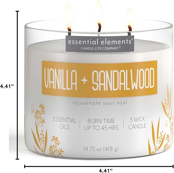 Essential Elements by Candle-lite Scented Candles, Vanilla & Sandalwood Fragrance, One 14.75 oz. Three-Wick Aromatherapy Candle with 45 Hours of Burn Time, Off-White Color