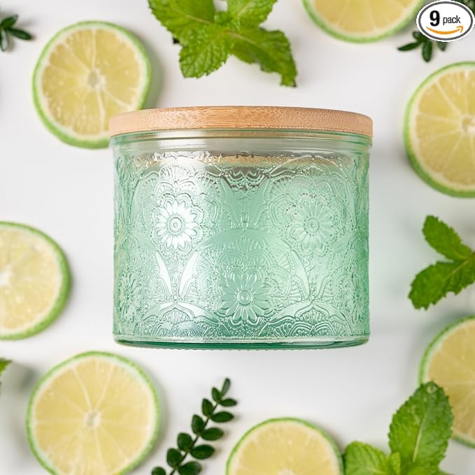 10 oz Embossed Glass Candle Container with Bamboo Lids and Labels,Green Candle Jars for Making Candles,Mandala Design - Pack of 9
