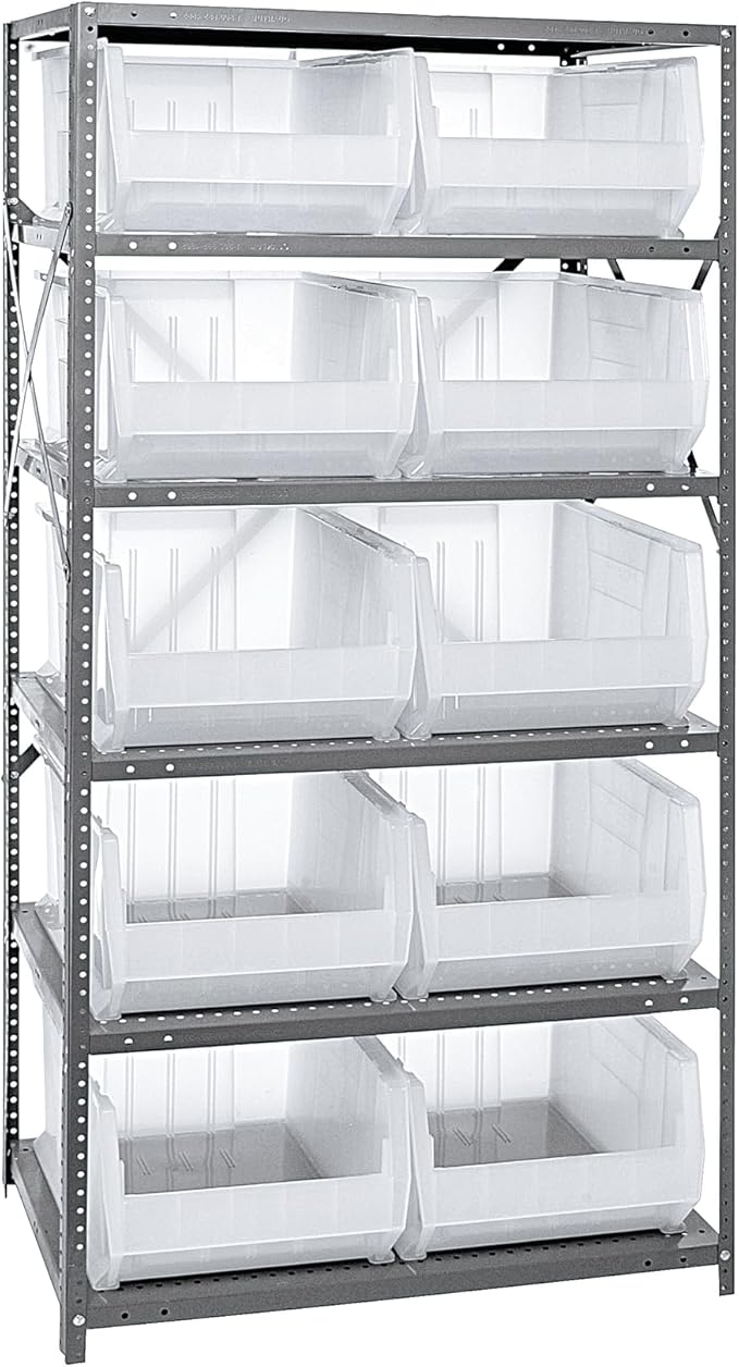 Quantum Storage Systems 2475-954CL Solid Heavy Duty 6 Shelves 10 Hulk Clear Bins 75" H x 36" W x 24" D