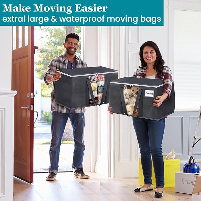 HomeHacks 2 Pack Extra Large Moving Bags with Visual PVC Window & Zippers, Storage Totes with Reinforced Handles, Heavy Duty Storage Bags for Packing, Moving, Storage (93L,Grey)
