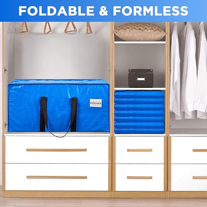 BETU Extra Large Moving Bags Heavy Duty Storage Bags with Zipper Handles, 4 Pack Clothes Storage Totes Bins Packing Moving Boxes, Moving Supplies for College Dorm Essentials, Space Saving, Blue
