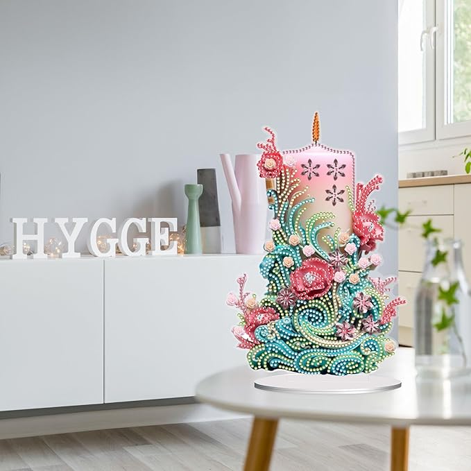5D Diamond Art Candle Ornaments Kits, DIY Christmas Flower Candle Diamond Art Painting Desktop Ornament, Special Shaped Crystal Diamond Art Painting Tabletop Home Office Decor-03-Flower Candle