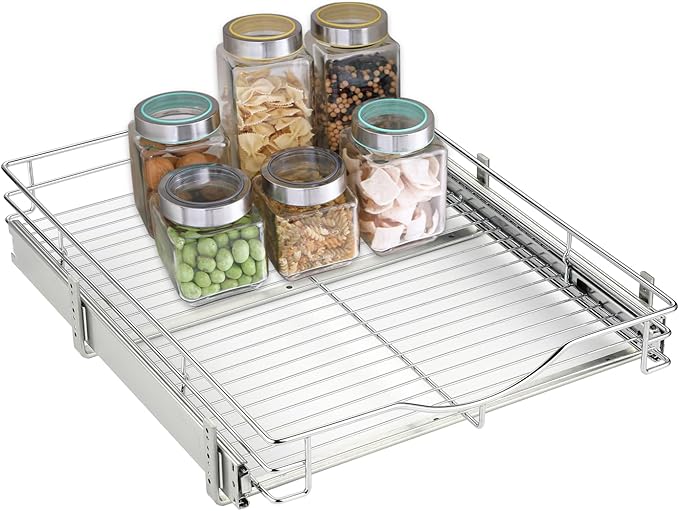 DINDON Pull Out Cabinet Organizer, (11" W x 21" D) Heavy-Duty Metal Sliding Drawer Shelf, Bathroom Under Sink Kitchen Cabinets Organizer and Storage Slide Out Shelves, Chrome, 1 Tier, 2 Pack
