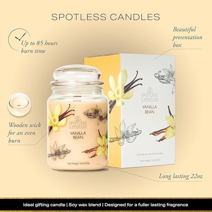 Candle Vanilla Bean 22oz with Wooden Wick in a Presentation Gift Box & Protective Shipper - Vanilla Scented Candles - Large Jar Candles
