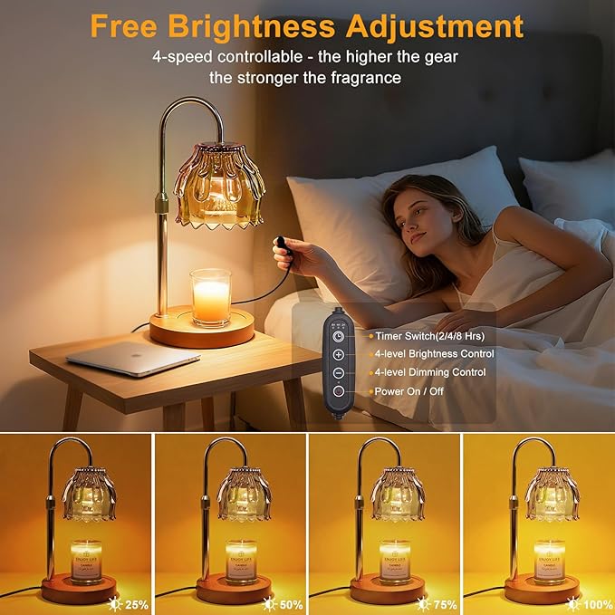Candle Warmer Lamp with Timer and Dimmer 4-Level Dimmable Flower Light Heat Lamp for Jar Candles Adjustable Height Modern Cute Home Decor for Living Room Bedroom and Best Gift for Friends Lover. Gold