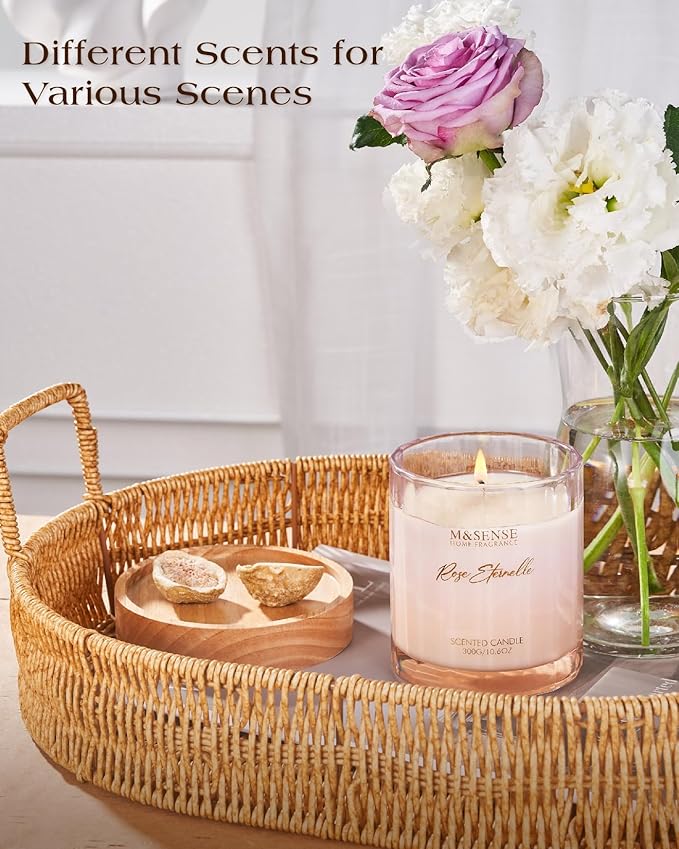 M&SENSE Rose Scented Candles for Home - 10.6oz 60 Hours Burn Natural Soy Wax Flower Scent for Girlfriend, Aromatherapy Candle for Relaxing Meditation Yoga Spa