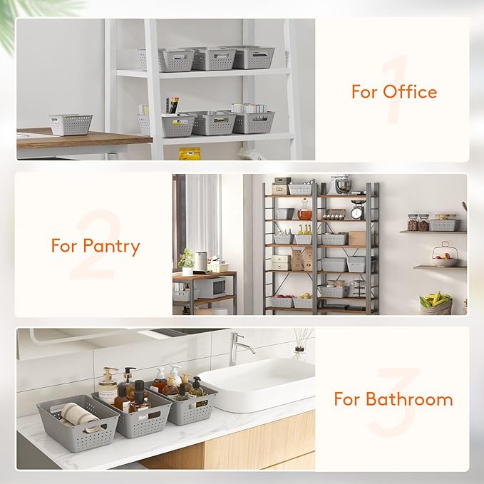 Lifewit Plastic Storage Basket, 7 Pack Stackable Storage Bins for Organizing, Multi Size Open Containers for Shelving, Pantry, Office and Cabinet, 5 Large and 2 Small Size, Gray