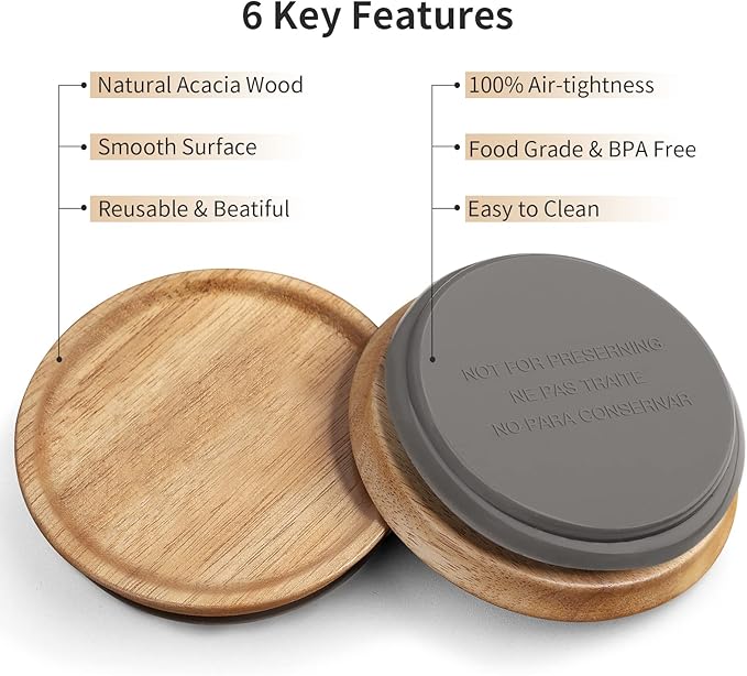 6-Pack Regular Mouth Wooden Mason Jar Lids for Ball/Mason/Kerr Jars, Natural Acacia Wood, Food-Grade Material, 100% Fit & Airtight for Regular Mouth Jars (6PCS-Regular)