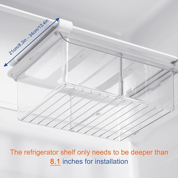 Pull-Out Fridge Drawer Organizer - Under Shelf Storage Bins for Refrigerator Organization for Fruits Vegetables, Cheese & Deli (3.35" Height x 8.66" Width" + dividers)