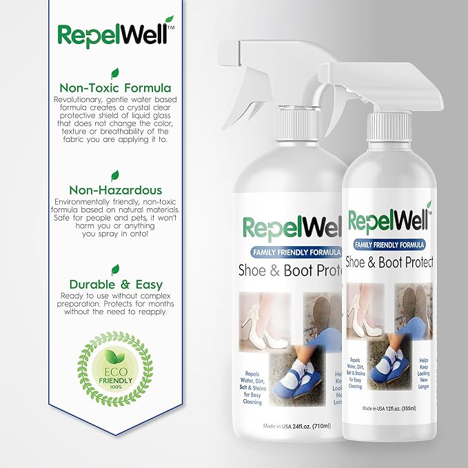 RepelWell Shoe & Boot Stain & Water Repellent (24oz) Eco-Friendly, Pet-Safe Spray Keeps Fabric, Leather & Suede Clean & Dry