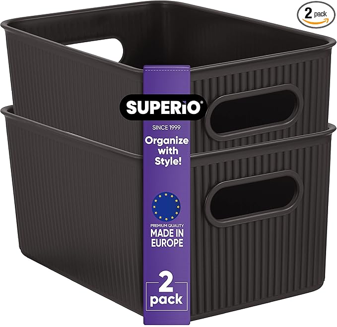 Superio Ribbed Collection - Decorative Plastic Basket Open Home Storage Bins Organizer, Medium Brown (2 Pack) Container Boxes for Organizing Closet Storage Bins for Shelves Drawer Shelf 5 Liter