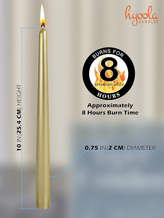 Hyoola Tall Metallic Cream Gold Taper Candles - 10 Inch - Dripless - 12 Pack - 8 Hour Burn Time