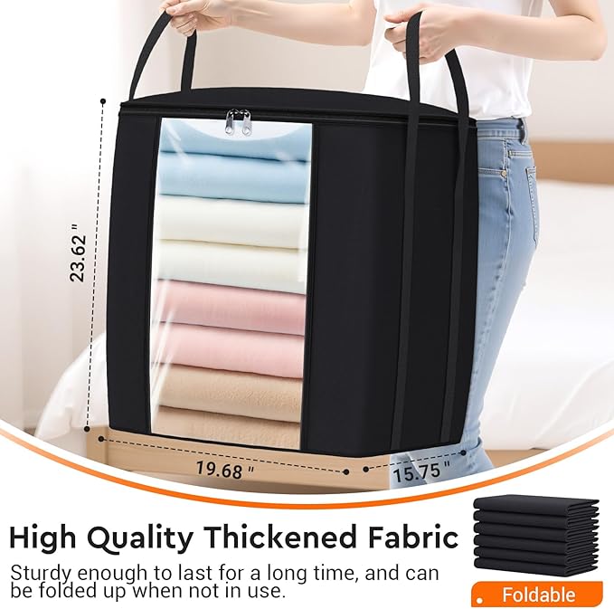 TasticTotes 120L Extra Large Clothes Storage Bags, Foldable Blanket Storage and Organization, Thick Fabric Containers with Reinforced Handles & Zippers for Clothing, Comforters, Bedding, Black, 2 Pack