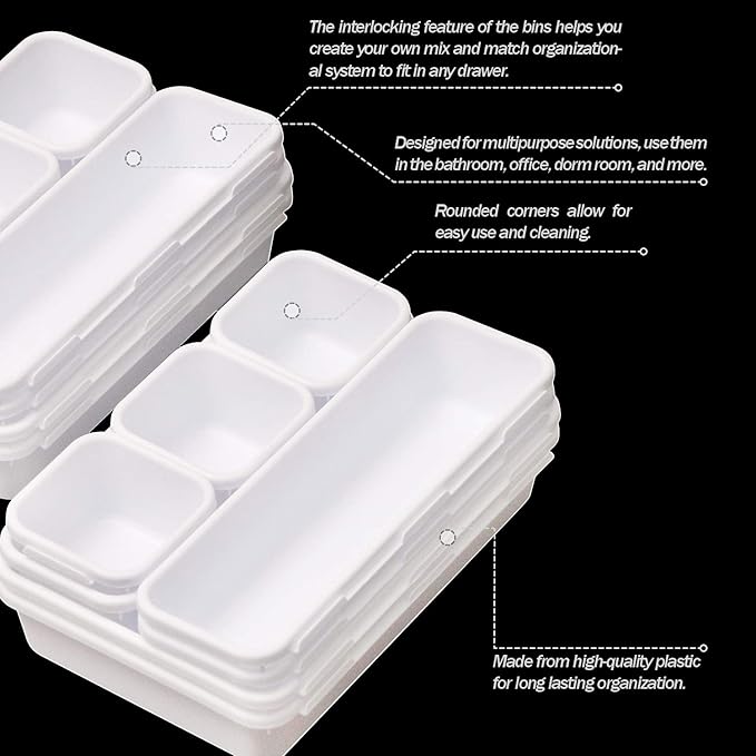 Set of 32 Interlocking Desk Drawer Organizer Tray Dividers Plastic Shallow Narrow Drawers Organizers Separators Storage Bins Container for Kitchen Bathroom Makeup Office Vanity Bedroom Dresser White