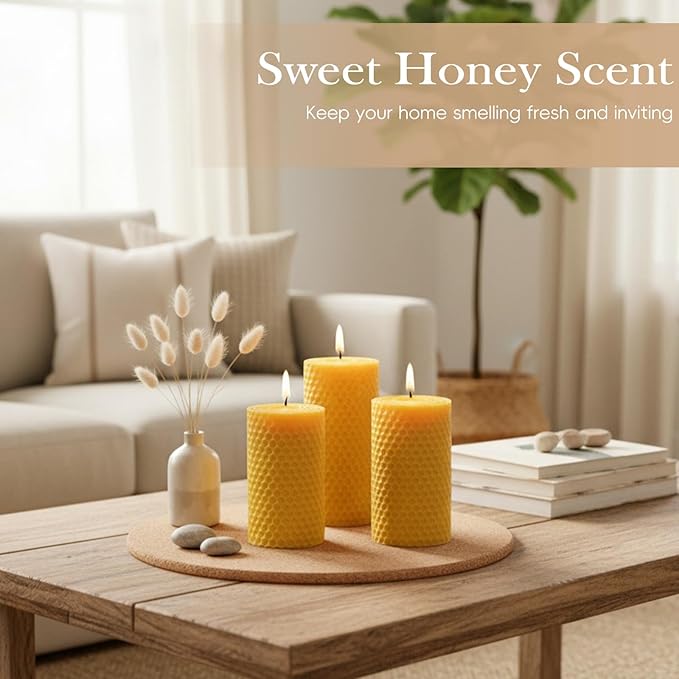 4 Packs 3x6 Inch Beeswax Candles, Large Honeycomb Beeswax Pillar Candles, 45 Hours Burn Time, Natural Pure Bees Wax Candle for Home Decor, Candle Lovers, Air Purify, Gift Sending