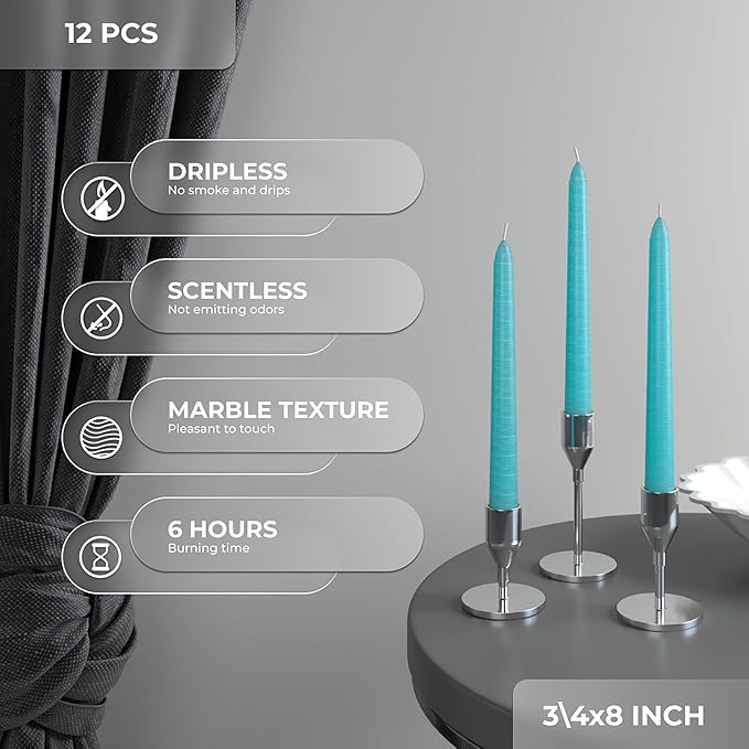 CANDWAX 8 inch Teal Taper Candles Set of 12 - Unscented Smokeless Dripless Tall Candlesticks - Perfect for Holidays, Ordinary Dinners and Special Occasions - Turquoise Taper Candles
