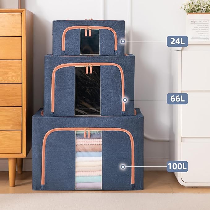 GuliPostan 3 Pack 66L Stackable Clothes Storage Bins with Metal Frame Handles & Zipper, Collapsible Closet Organizer Box with Lid for Bedding Blankets Towel (Navy)