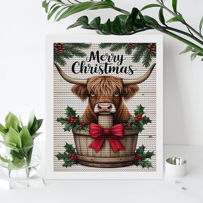 AIVKIEJK Diamond Painting Kits for Adults - Highland Cow Merry Christmas Painting DIY 5D Full Drill Diamond Dots Paintings with Diamonds Gem Art and Crafts Home Decor 16"x20"