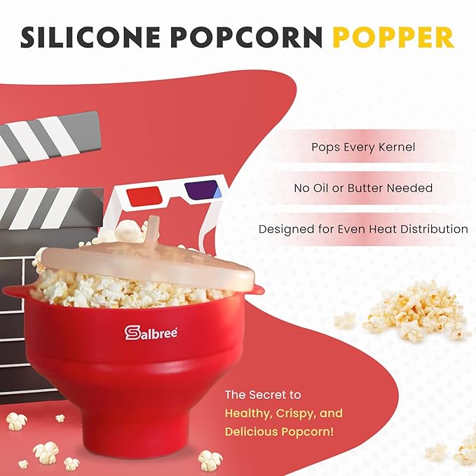 The Original Salbree Collapsible Silicone Microwave Popcorn Popper Maker Machine, Microwavable Bowl Holds 16 Cups, Uses Hot Air and Oil Always Optional - The Most Colors Available (Red)