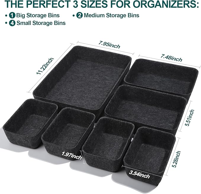 HNYYZL Desk Drawer Organizer,7 Pack Felt Drawer Organizer Shallow Drawer Organizers Felt Storage Bins,Desk organizer trays (Gray)