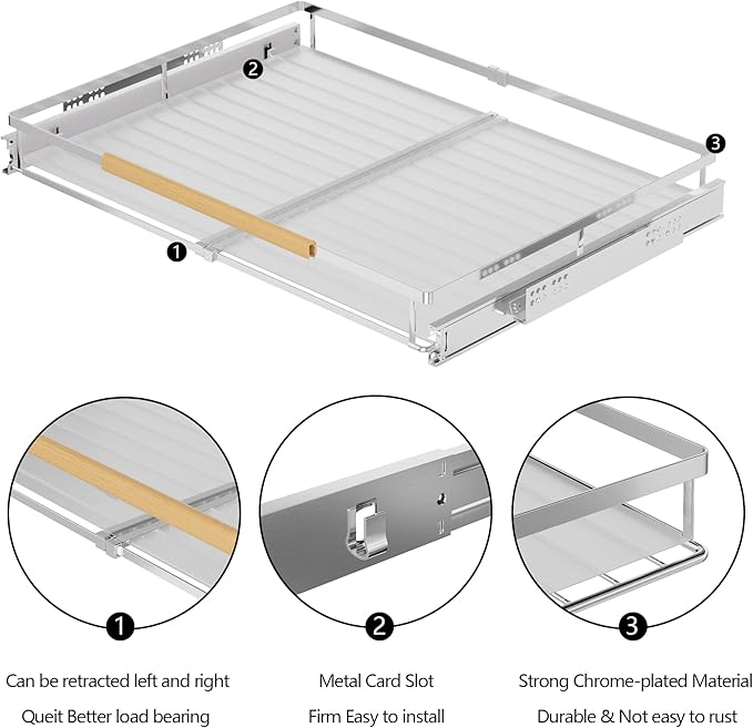 SANNO Pull Out Cabinet Organizer, Slide Out Cabinet Shelf,Under Sink Slide Out Cabinet Organizer, Pots Pans Organizer Smooth Roll,Expandable Width 16.1 to 26.4" W