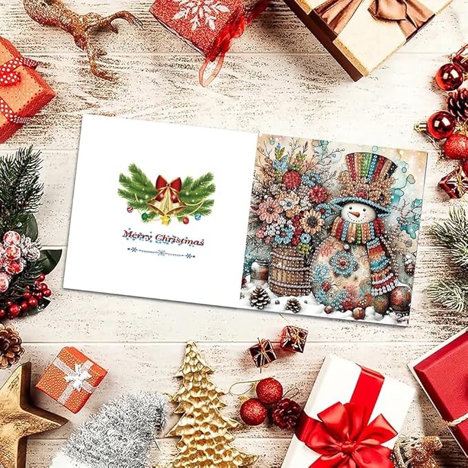 6PCS DIY Diamond Art Christmas Cards with Envelopes, Festive Holiday Greeting Cards Kit, Snowman Christmas Diamond Art Kits for Adults Kids Gifts