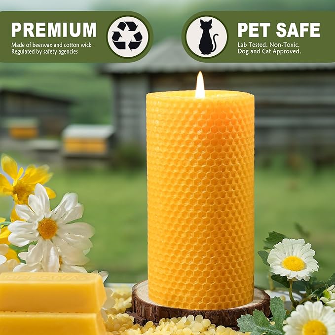 8 Packs Handmade Beeswax Candles, 360 Hours Beeswax Pillar Candles Handcrafted Honeycomb Bees Wax Candle for Home, Prayer, Unscented Candles (2.8x6 in)