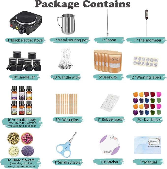 Complete Candle Making Kit with Wax Melter, Making Supplies,DIY Arts&Crafts Gift for Beginners,Adults,Including 500w Electronic Stove,Wicks,Rich Scents,Dyes,Melting Pot,Candle tins, Dried Flower