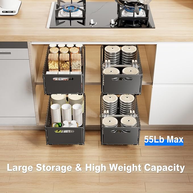 2 Pack Pull Out Cabinet Organizer, Slide Out Drawers for Cabinets, Peel and Stick, Heavy Duty Shelves for Kitchen, Cupboard, Pantry, Bathroom (14.76" D*9.65" W*7.87" H-Black)