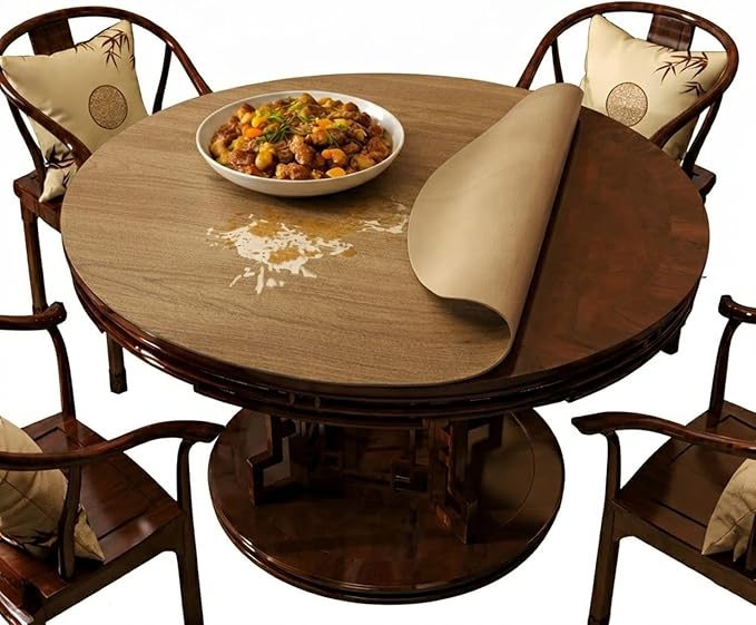Wood Grain Round Table Protector 48/52/42/54/36 inch, Waterproof PU Leather Table Mat, Heat Resistant Circular Dining Table Pad for Kitchen, Coffee Table, Office Desk,(Khaki,43in)