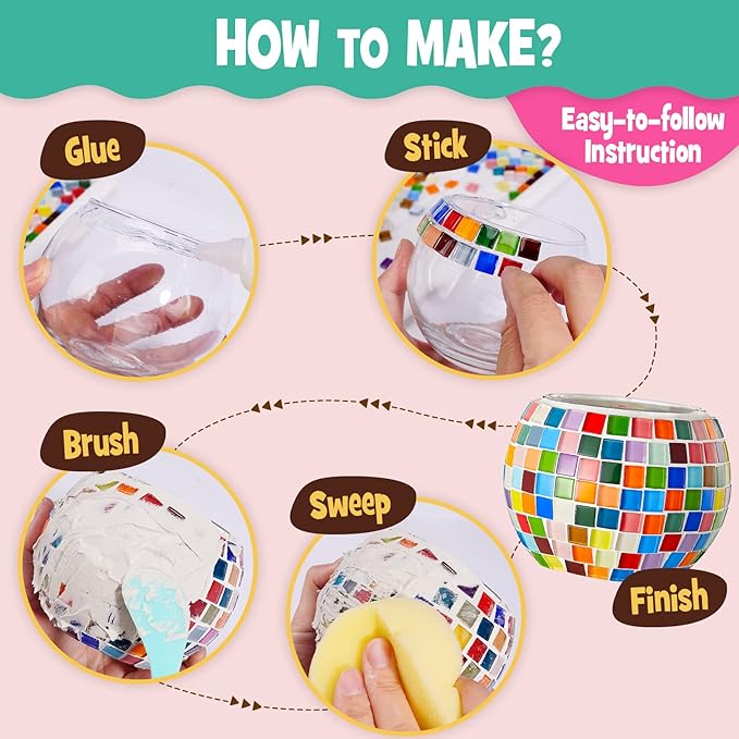 Glass Mosaic Candle Holder Kit - DIY Mosaic Kits for Adults & Crafts for Girls 8-12 - Arts and Crafts for Kids, Tealight Candle Holder for Home Decor, Birthday Easter Gifts for Kids Ages 6 7 8-12