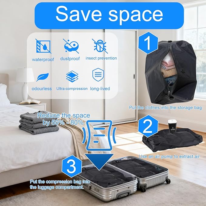 travel vacuum bag, equipped with a wireless vacuum pump, can save space in suitcases, backpacks and carry-on items. It is IP67 waterproof and reusable (2PC Black)