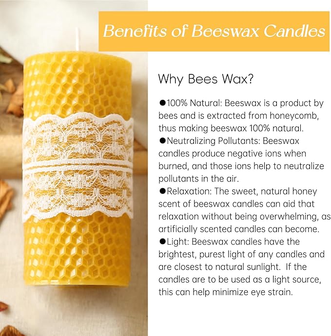 Hand-Rolled Beeswax Candles, 2 Packs, Handcrafted Honeycomb Beeswax Pillar Candles, Natural Bee Farm Gift for Candle Lovers,Home Decor, Air Purify (2x4 in)
