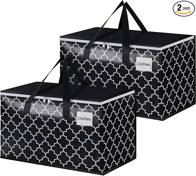HomeHacks Heavy Duty Moving Bags with Tag Pockets, Collapsible Storage Totes for Moving, Camping & Travel -Foldable Packing Boxes, Zipper Handles, Black（2 Packs, 100L）