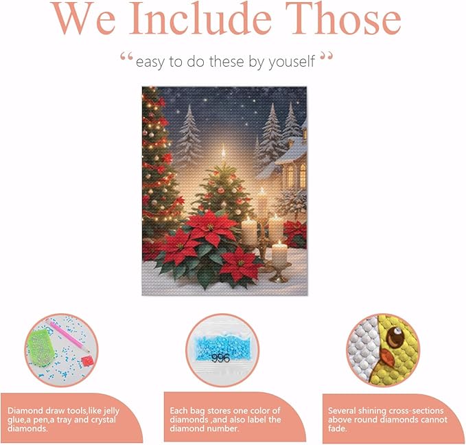 Christmas Diamond Art Painting Kits for Adults, Christmas Candles DIY Diamond Paintings Full Drill Paint,Winter Round Diamonds Crystal Gem Art for Home Wall Decor Gifts 12x14 Inch