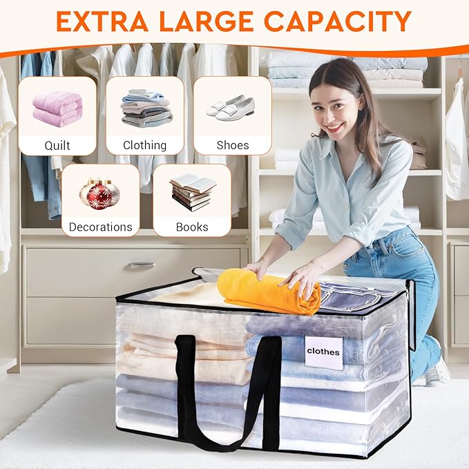 HomeHacks Clear Moving Bags Heavy Duty 4 Pack, Storage Bags with Zipper, Extra Thick Handles & Waterproof Packing Boxes for Moving, Camping, Home Organization 93L/24Gal (28.7"x14.2"x14")
