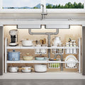 Under Sink Organizer，2 Tier Expandable Heavy Duty Metal Shelf，with 5 Removable Panels and 5 Storage Basket for Under Kitchen Bathroom Sink Organizers and Storage (White, X-Large)