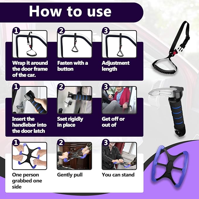4-in-1 Mobility Independence Set, Incl Car Door Handle For Elderly, Portable Standing Aid, Adjustable Car Door Handle with Lift Assist Hook, Car Door Assist Handle for Elderly, Disabled and Pregnant