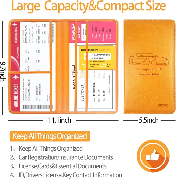 Car Registration and Insurance Card Holder - Leather Vehicle Glove Box Automobile Documents Paperwork Wallet Case Organizer for ID, Driver's License, Key Contact Information Cards - Men&Women