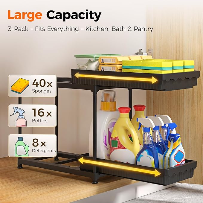 3 Pack Under Sink Organizer, 2 Tier Slide Out Bathroom Cabinet Organizer, Multi-Purpose Storage Shelf for Kitchen, Black, 12.8Inch
